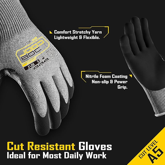 COOLJOB ANSI A5 Cut Resistant Gloves - 1/3/12 Pairs, Nitrile Rubber Dipped Safety Work Gloves for Men, Knife Proof with Grip Coating for Construction Warehouse Glass Wood Work, Grey Small