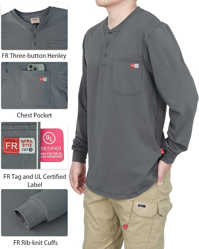 TICOMELA FR Shirts for Men Heather Series 6oz Flame Resistant T Shirt NFPA2112 CAT2 Fire Retardant Henley Shirts
