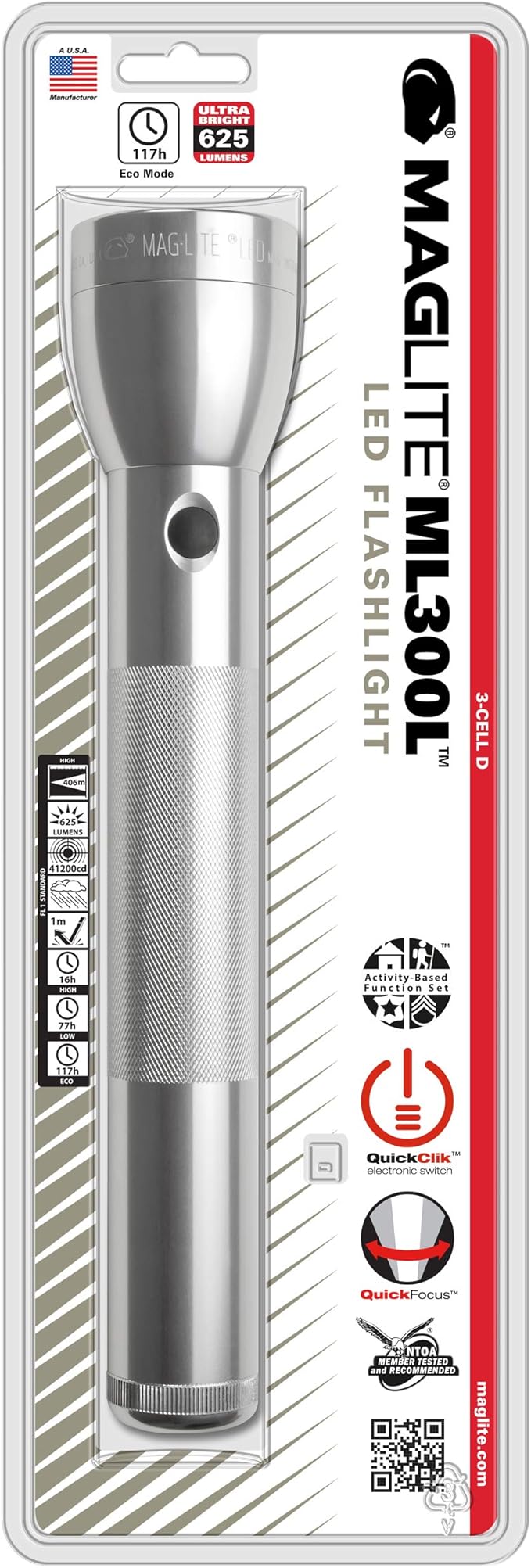 Maglite ML300L LED 3-Cell D Flashlight, Adjustable Focus, Long Battery Life, Water-Resistant, Tactical and Emergency Use – Silver