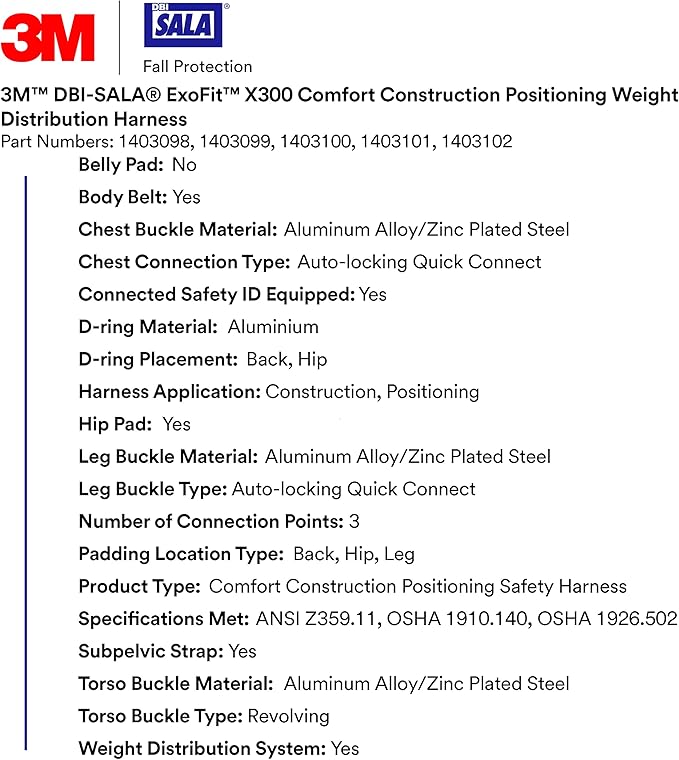 DBI-SALA 3M Comfort Construction Weight Distribution Positioning Safety Harness