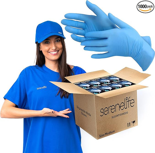 Serenelife Nitrile and Vinyl Blend Disposable Industrial Powder & Latex-Free Protective Gloves, Soft and Comfortable, Size Medium, Blue, 1000 Count