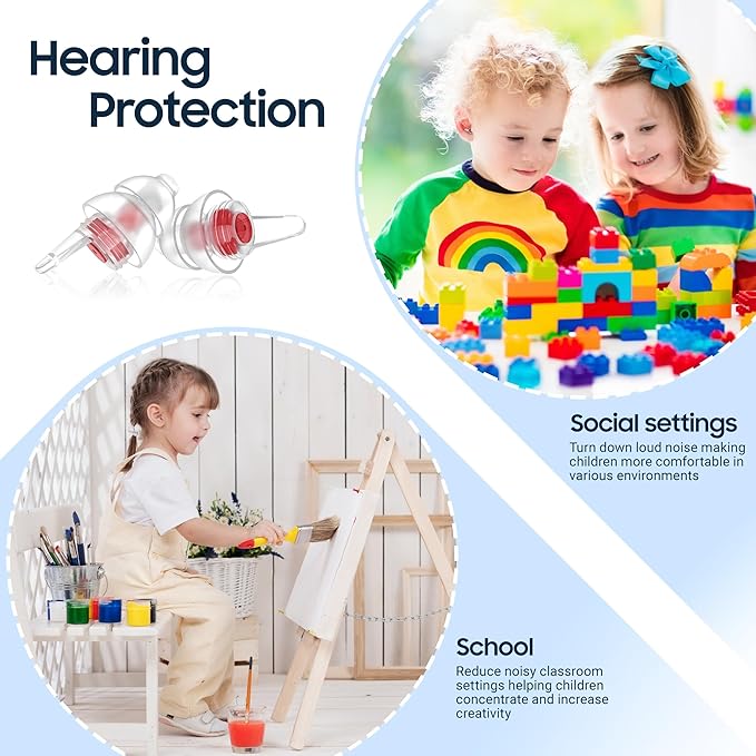 Kids Earplugs with String (6-12 yrs) – Ear Pressure Relief & Prevent Ear-Pain Airplane Travel Protection, Reusable Noise Sensitivity Ear Plugs for School, Home, Playtime, Beyond, 25 dB
