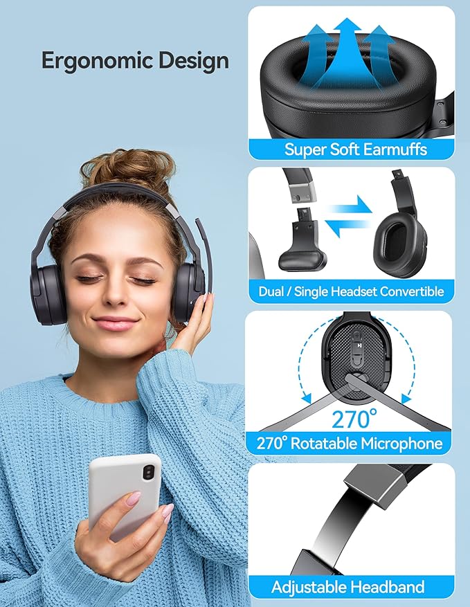 TECKNET Bluetooth Trucker Headset, Single and Dual Ear Wireless Headset with Mic for Work Noise Cancelling, 50Hrs 3 EQ Music Modes Trucker Bluetooth Headphones for PC, Drivers, Office, Call Center