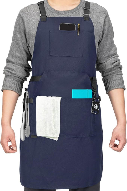 Canvas Chef Apron – Cross Back Straps Mens Apron for Butcher, Bartender, Grilling, BBQ, Kitchen, Workshop & Artist