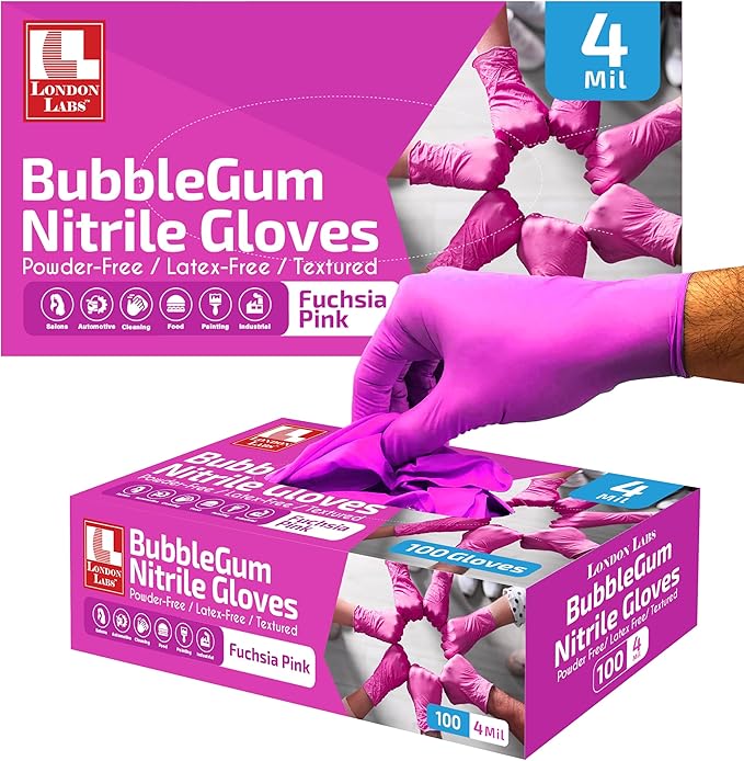 4 Mil – Fuchsia Pink Nitrile Gloves – Disposable Latex Free & Powder Free– Chemical Resistant, Pink Rubber Gloves