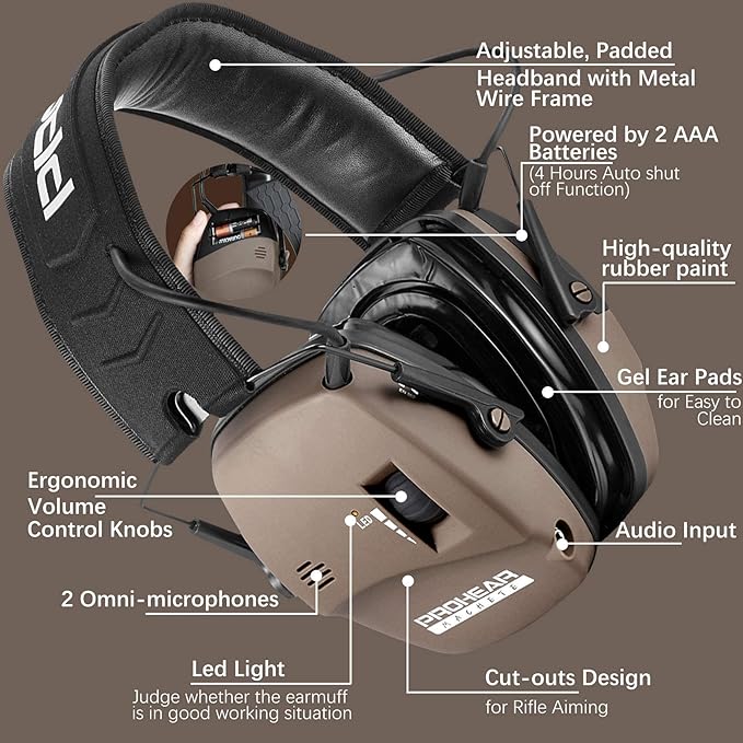 PROHEAR Digital Electronic Shooting Ear Protection Muffs with GEP02 Gel Ear Pads, Hunting Sound Amplification Earmuffs, NRR 23dB Low Profile Hearing Protection for Gun Range - Brown