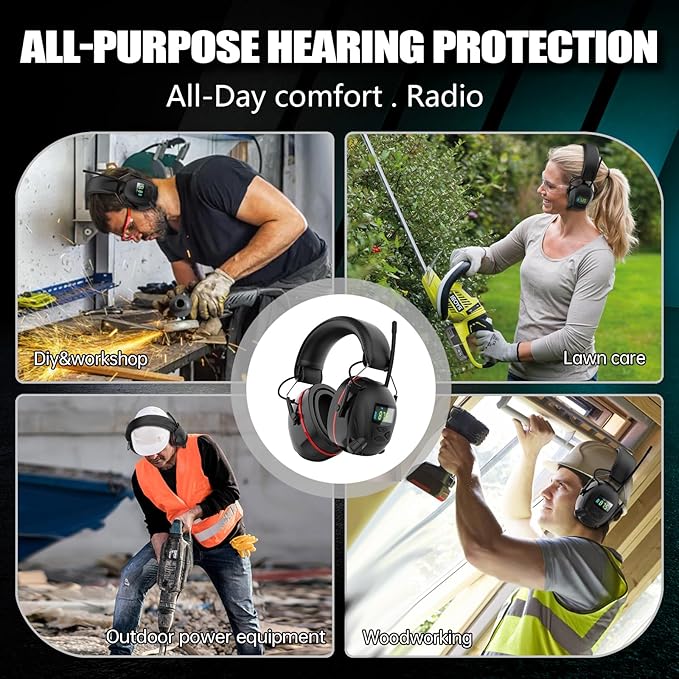 Hearing Protection AM FM Radio Headphones with 2000mAh Rechargeable Battery, 30dB SNR Noise Reduction Safety Earmuffs Protector, Up to 45H Radio Listening Time for Mowing Lawn Work