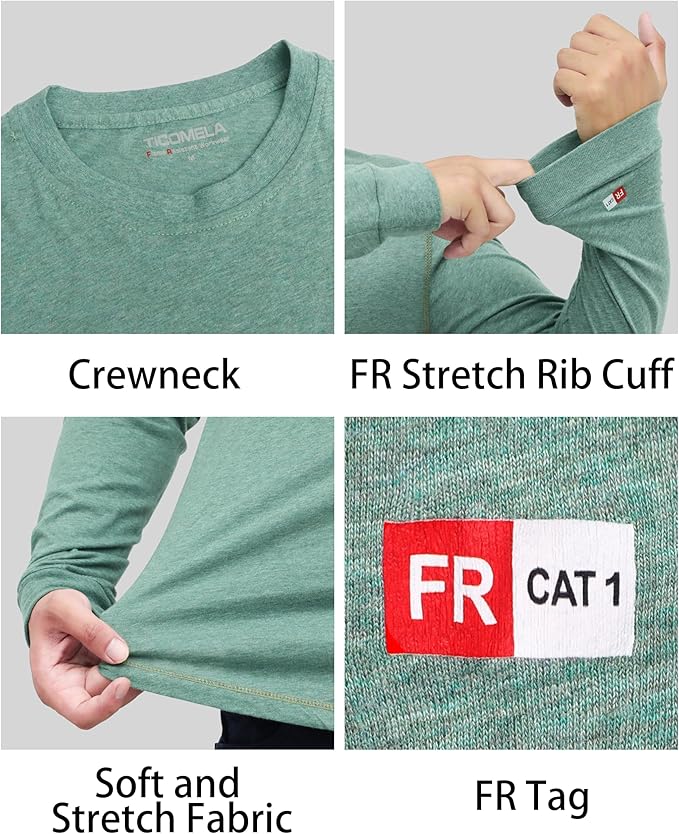 TICOMELA FR Shirts for Men 4oz Lightweight Flame Resistant Crewneck T-Shirts 100% Cotton Fire Retardant Henley Shirts