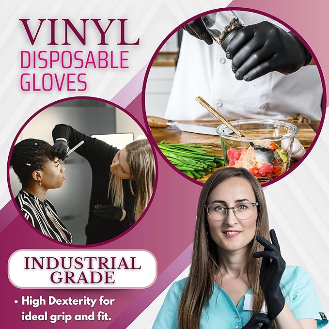 Black Disposable Gloves, Black Vinyl Gloves, 4.5-Mil, Latex Free, Powder Free for Cooking, Cleaning & Food Prep