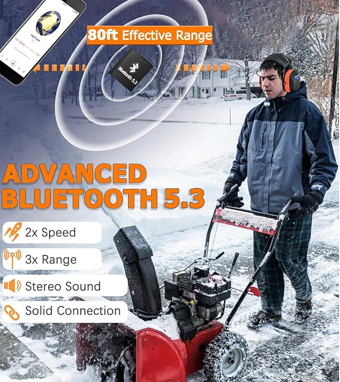 PROHEAR 037 2 Pack Bluetooth 5.3 Hearing Protection Headphones with Rechargeable, 30dB SNR Safety Noise Reduction Ear Muffs for Mowing Workshops Snowblowing, Black and Orange