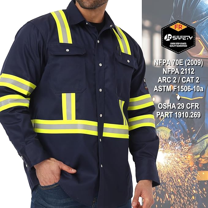 JKSafety 7oz FR Shirts for Men Women NFPA 70E 2112 ARC 2 Fire Resistant Welding Shirts FRC Long Sleeve Safety Workwear
