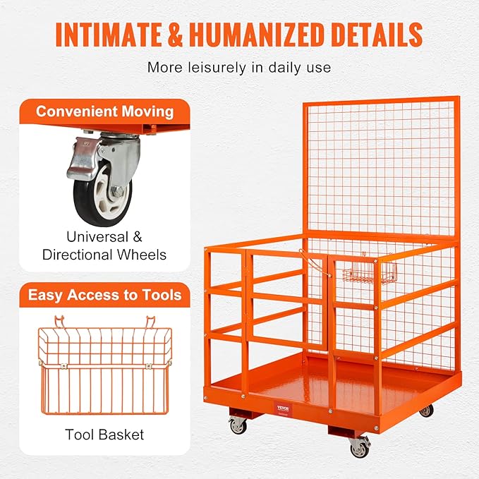 VEVOR Forklift Safety Cage, Forklift Man Basket 1400lbs Capacity, 43"x45" Work Platform with Safety Harness & Lock, Drain Hole & Wheels & Tool Basket, Perfect for Aerial Work