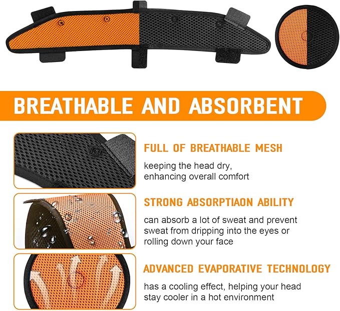 Hard Hat Sweatband and Top Pad for Safety Helmet, Washable Hard Hat Cooling Liner Accessories Set, Suspension Sweat Band Replacement, Reusable Inserts Headband, Orange, 4 PCS