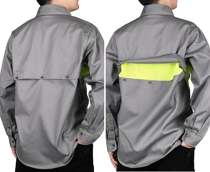 BOCOMAL FR Shirt for Summer Lightweight Vented Mesh Back and Underarm Breathable Flame Resistant Welding Button Down Shirts
