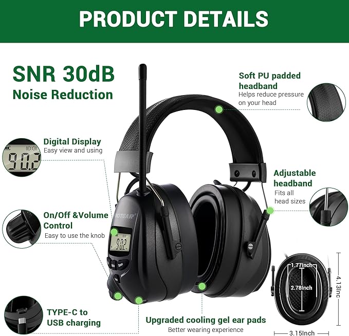 Upgraded AM FM Radio Headphones with Bluetooth 5.4,NRR 25dB Safety Ear Muffs for Noise Reduction,LCD Headset,Built-in Mic,2000mAh Rechargeable Hearing Protection for Work,Lawn Mowing,Workshop(Black)