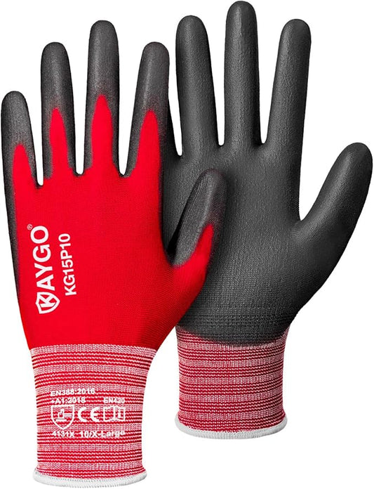 KAYGO Work Gloves PU Coated-12 Pairs, KG15P,Nylon Lite Polyurethane Safety Work Gloves, Gray Polyurethane Coated, Knit Wrist Cuff,Ideal for Light Duty Work (X-Large, Red)