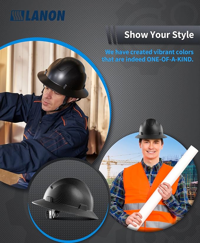 LANON Full Brim Hard Hat, OSHA Construction Work Approved, Premium Grey Dots Design, FRP Safety Helmet with 4 Point Adjustable Ratchet Suspension, Class C