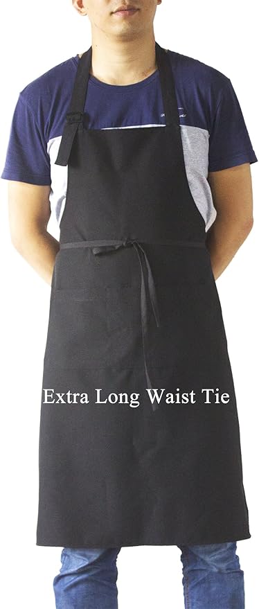 (2 set Black Professional Resist Water Adjustable Extra Long Bib Apron 3 Pockets Home Kitchen Garden Restaurant Cafe Bar Pub Bakery for Cooking Chef Baker Servers Craft Unisex