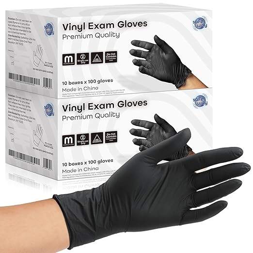 Nitrile-Vinyl Blended Disposable Gloves, Powder-Free & Non-Latex Gloves, 2000, Protective Gloves for Medical Exams, Cooking & Household Cleaning, 4 Mil Thick Non-Sterile Secure Grip Black, Medium