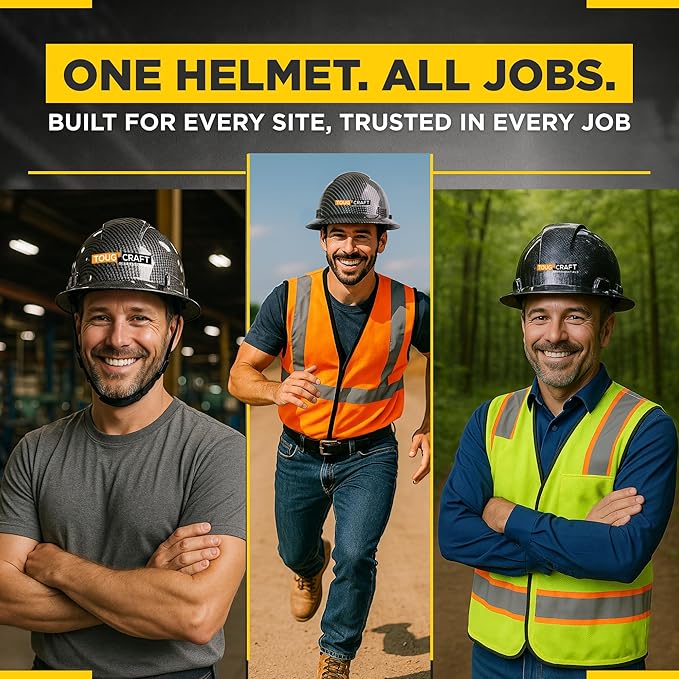 ToughCraft Full Brim Hard Hat for Men - Black Carbon Fiber Hard hat for Construction Work, Safety Helmet with Soft Padded 6 Point Adjustable Ratchet Suspension, Cascos de Construccion, Type I Class C