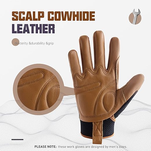 HANDLANDY Leather Work Gloves Mens & Women, Utility Safety Mechanic Working Gloves Touch Screen, Flexible Breathable Yard Work Gloves (Small, Brown-Cowhide Palm)