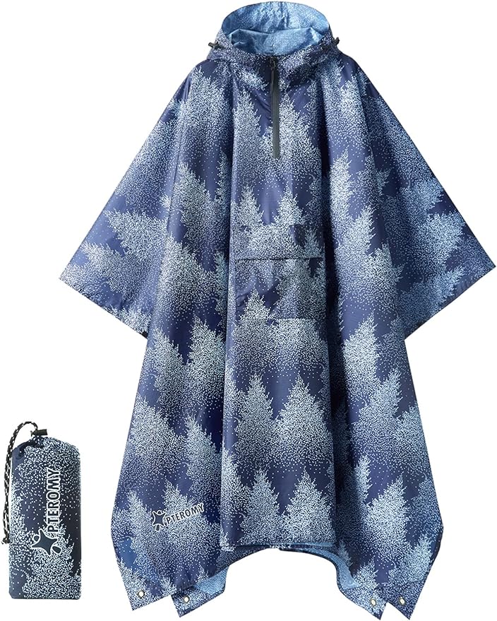 PTEROMY Hooded Rain Poncho for Adult with Pocket, Waterproof Lightweight Unisex Raincoat for Hiking Camping Emergency