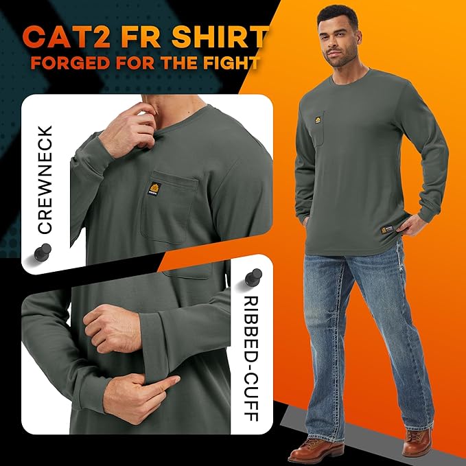 WORKWEYA Men's FR Shirts 6.5oz Lightweight Long Sleeve Flame Resistant T-Shirt NFPA 2112/CAT2
