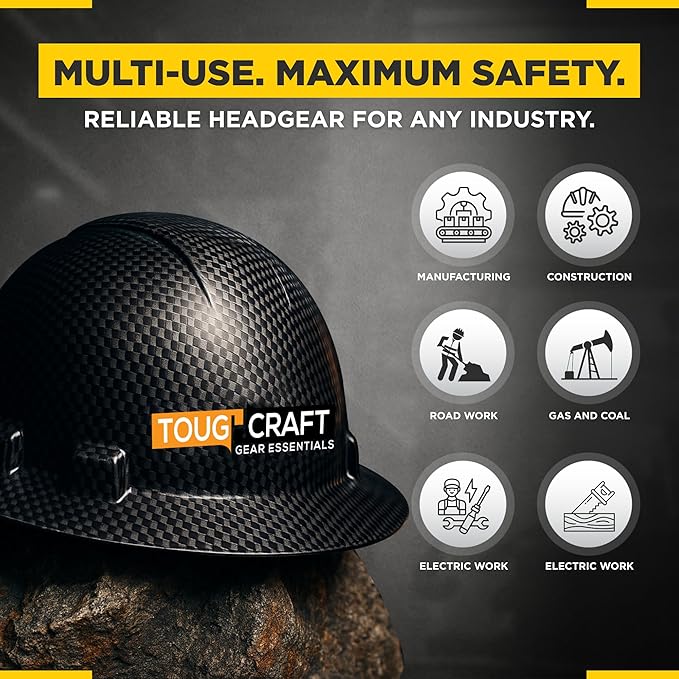 ToughCraft Full Brim Hard Hat for Men - Black Carbon Fiber Hard hat for Construction Work, Safety Helmet with Soft Padded 6 Point Adjustable Ratchet Suspension, Cascos de Construccion, Type I Class C