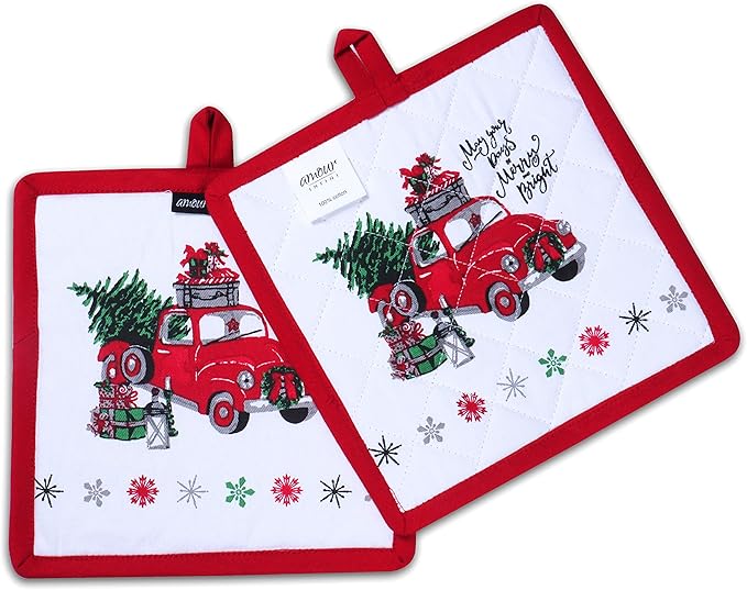 AMOUR INFINI Pot Holders and Oven Mitts 100% Cotton Unique Merry Christmas Design|Heat Resistant Non Slip Reusable Set of 1 Oven Mitt and 1 Pot Holder|Thanksgiving Christmas Fall Festive Kitchen Set
