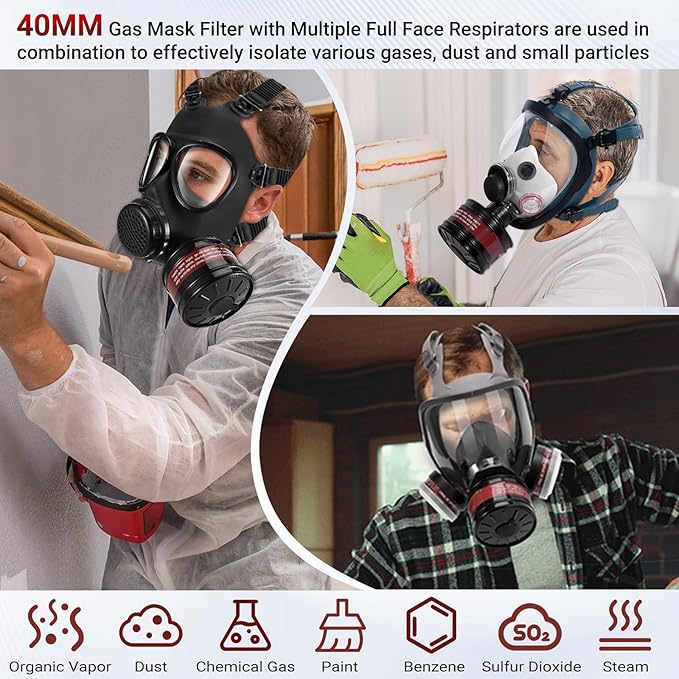 40MM Gas Mask Filters, 40mm Respirator Activated Carbon Filters for Full Face Respirator Mask Against Formaldehyde, Organic Vapor, Chemical, Dust, Spray, Welding