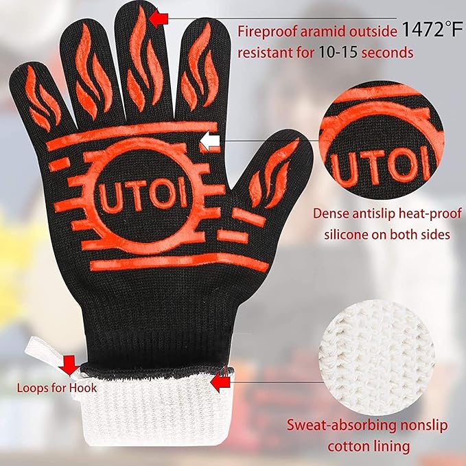BBQ Grill Gloves for Campfire Cooking, 1472°F Heat Resistant Grilling Gloves for Outdoor Cooking, Barbecue, Fire Pit and Smoker, XL Long Oven Mitts for Kitchen and Baking