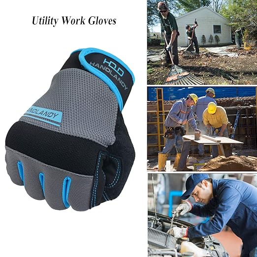 HANDLANDY Work Gloves Mens & Women, Utility Safety Mechanic Working Gloves Touch Screen, Flexible Breathable Yard Work Gloves (XX-Large, Grey)