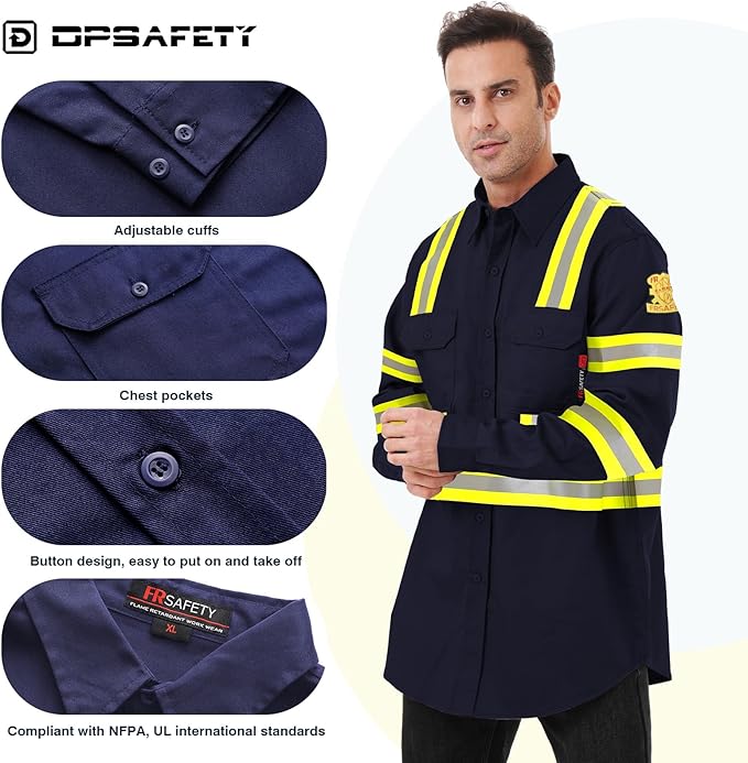 FR Shirts for Men 7oz High Visibility Fire Resistant Shirts NFPA CAT2 Welding Shirt 100% Cotton Hi Vis Flame Resistant Shirt Navy(5X-Large)