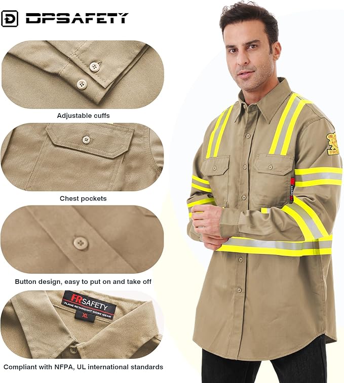 FR Shirts for Men 7oz High Visibility Fire Resistant Shirts NFPA CAT2 Welding Shirt 100% Cotton Hi Vis Flame Resistant Shirt Khaki(Small)