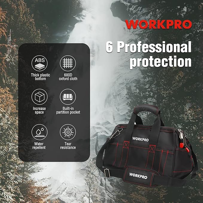 WORKPRO 16-inch Close Top Wide Mouth Tool Storage Bag with Water Proof Rubber Base, W081022A, 16"