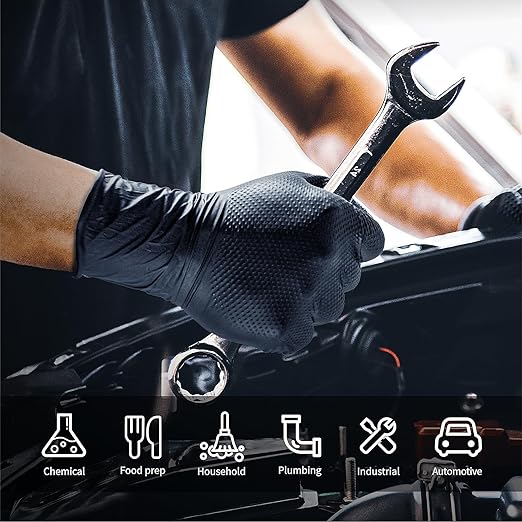10mil Nitrile-Gloves Disposable-Black Chemical-Resistant Rubber - Mechanic Gloves Heavy Duty, Latex Free, Diamond Grip (100, Large)