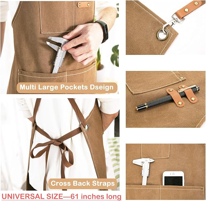 Chef Apron, Cotton Canvas Cross Back Apron with Pockets for Women and Men,Adjustable Strap and Large Pockets Apron,Kitchen Cooking Baking Bib Apron