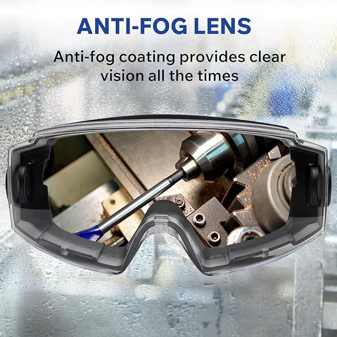 Safety Goggles Over Glasses, ANSI Z87.1 Certified Eye Protection for Chemistry Lab Work & Industrial Use - Wide Vision Anti-Fog Clear Lens - Extreme Impact Resistance - Adjustable Strap (2 Pack)