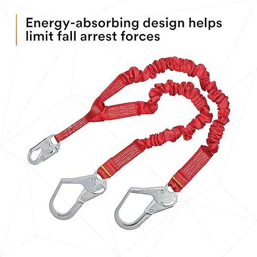 3M Protecta PRO 1340161 6', 100-Percent Elastic Shock Absorbing Lanyard, Snap Hook At Center, Steel Rebar Hooks On Leg Ends, 310 lb. Capacity, Red