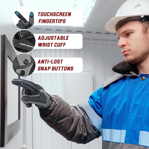HANDLANDY Winter Water Resistant Work Gloves for Men, Insulated Heavy Duty Impact Glove for Cold Weather (Black-insulated, Medium)