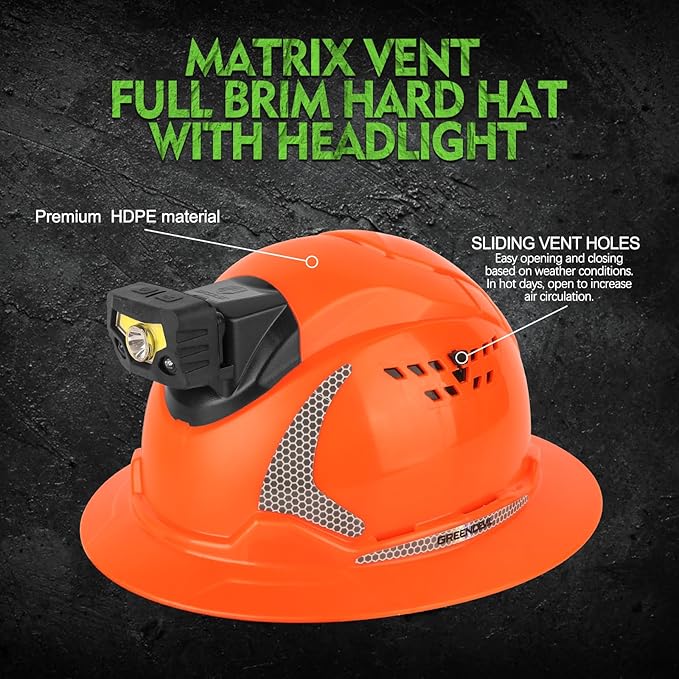 GREEN DEVIL Matrix Full Brim Hard Hat with Headlight Vented Construction Safety Helmet OSHA Approved Cascos De Construccion Work Hardhat for Men&Women