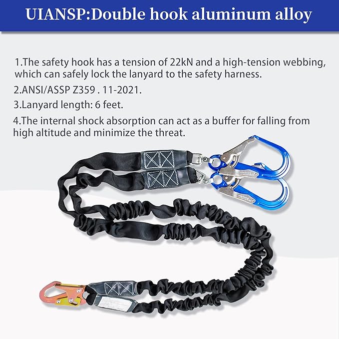 6ft Safety Lanyard Double Leg Internal Shock Absorbing Safety Fall Protection Lanyard with Rope Harness Safety Lanyard Dual Rebar & Snap Hook Roofer Fall Protection Equipment（Aluminium Alloy）