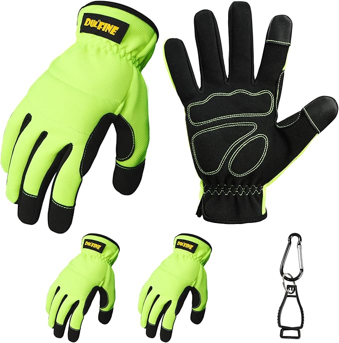 DULFINE High Performance Work Gloves For Men(3 Pairs Pack),Hi-Vis Yellow Color,High Dexterity Touch Screen For Multipurpose,Excellent Grip (Large)