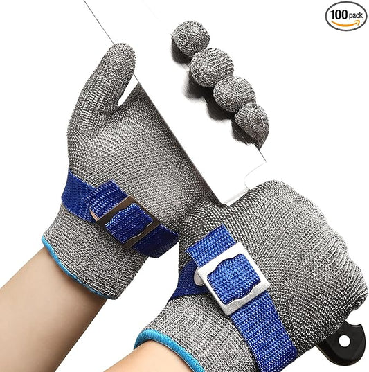 ANSI A9 Cut Resistant Glove, Food Grade Stainless Steel wire Mesh Metal Gloves, Knife Cutting Gloves for kitchen Mandoline Slicing Butcher Meat Cutting Oyster Shucking Fish Fillet（L, 50pairs）