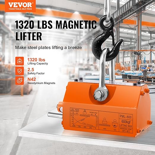 VEVOR Magnetic Lifter, 1320 lbs/600kg Pulling Capacity, 2.5 Safety Factor, Steel and Neodymium, Lifting Magnet with Release, Permanent Lift Magnets, Heavy Duty Magnet for Hoist, Block, Shop Crane