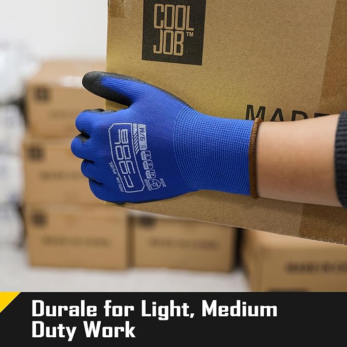COOLJOB 60 Pairs Safety Work Gloves Pack Bulk with Grip PU Coating, 13 Gauge Seamless Knit Gloves with Polyurethane Dipped for Warehouse Working, Breathable Lightweight for Men Women, Blue Xlarge