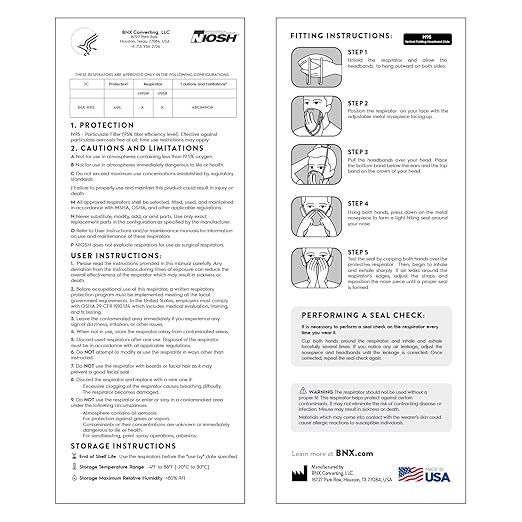 BNX N95 Mask NIOSH Certified MADE IN USA Particulate Respirator Protective Face Mask (20-Pack, Approval Number TC-84A-9315 / Model H95W) White