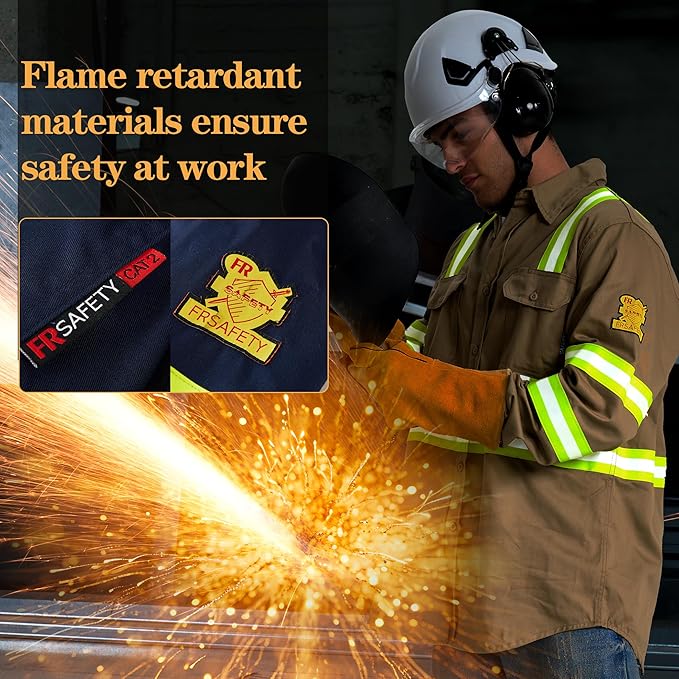 SRsafety Hi Vis FR Work Shirts,7.0oz Long Sleeve Flame Resistant Shirts for Men,100% Cotton High Visibility Fire Shirt