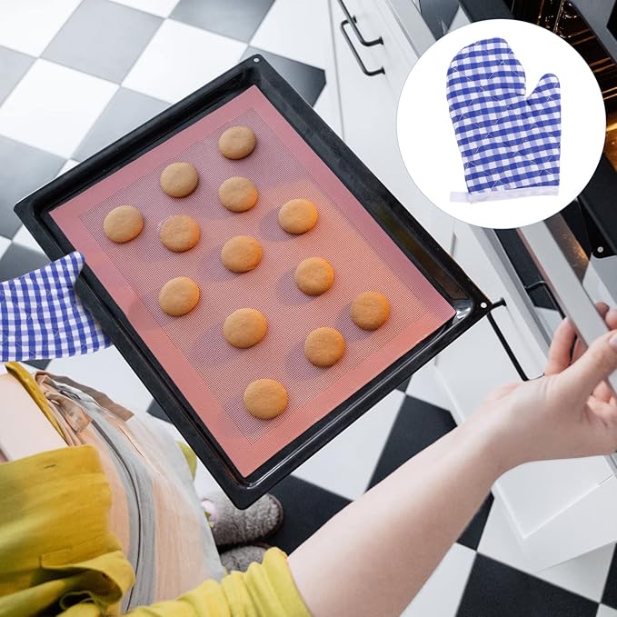 2Pcs Oven Mitts for Play Kitchen, Anti- Scald Gloves Microwave Oven Gloves Kitchen Mitts for Safe Baking Cooking ( Dark Blue Checkered )