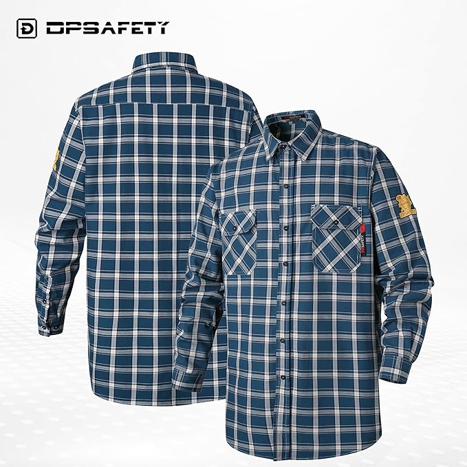FR Shirts for Men 7oz Fire Resistant Shirts NFPA CAT2 Welding Shirt 100% Cotton Flame Resistant Shirt Blue/Plaid(Small)